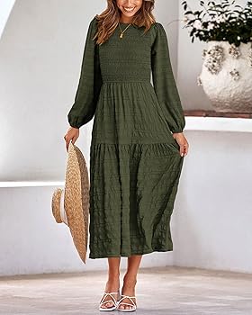 dowerme Women's Dresses 2025 Fall Puff Long Sleeve Crewneck